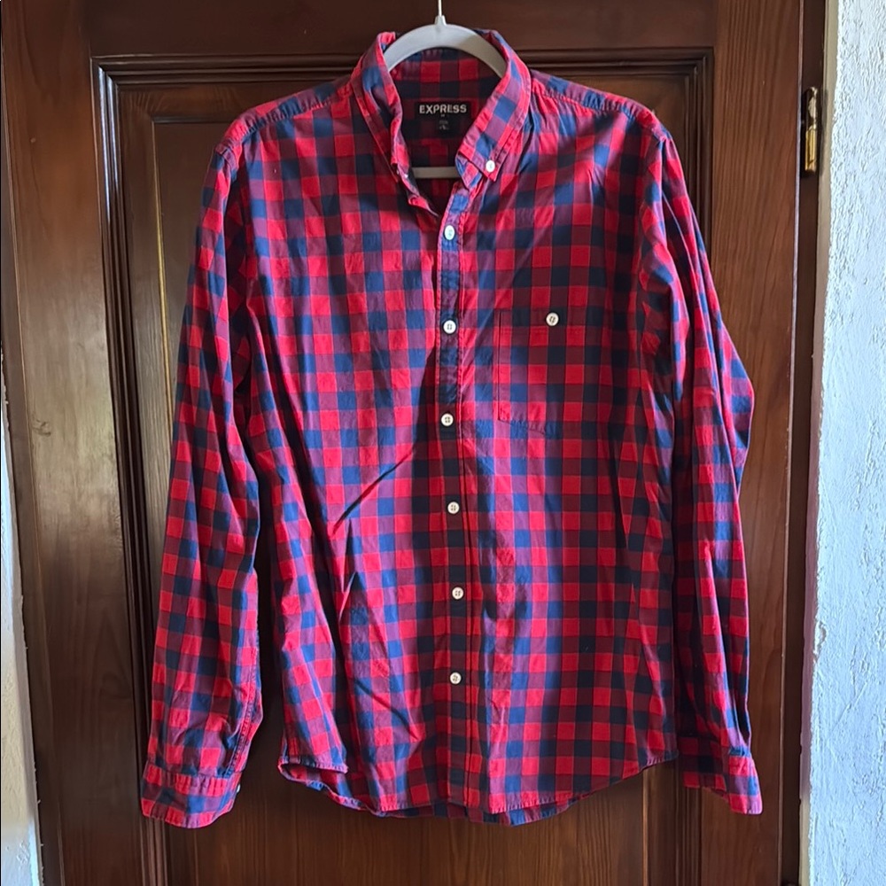 Express Red and Blue Casual Button Down Shirt